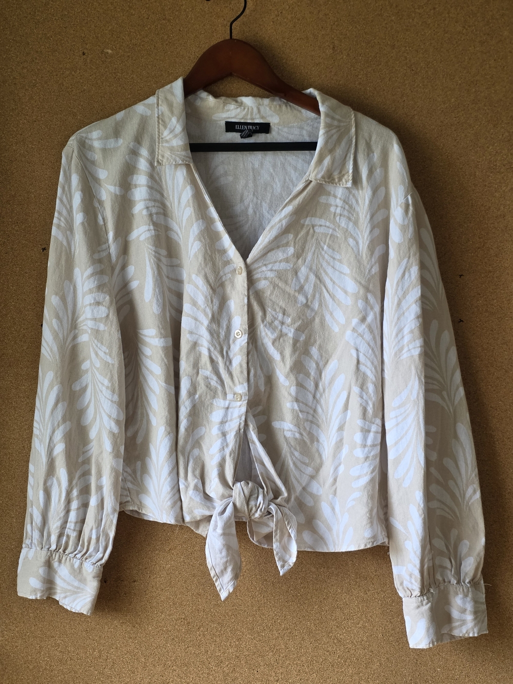 Ellen Tracy Linen Blend Leaf Print Button Front Tie Hem Blouse XL Summer Top